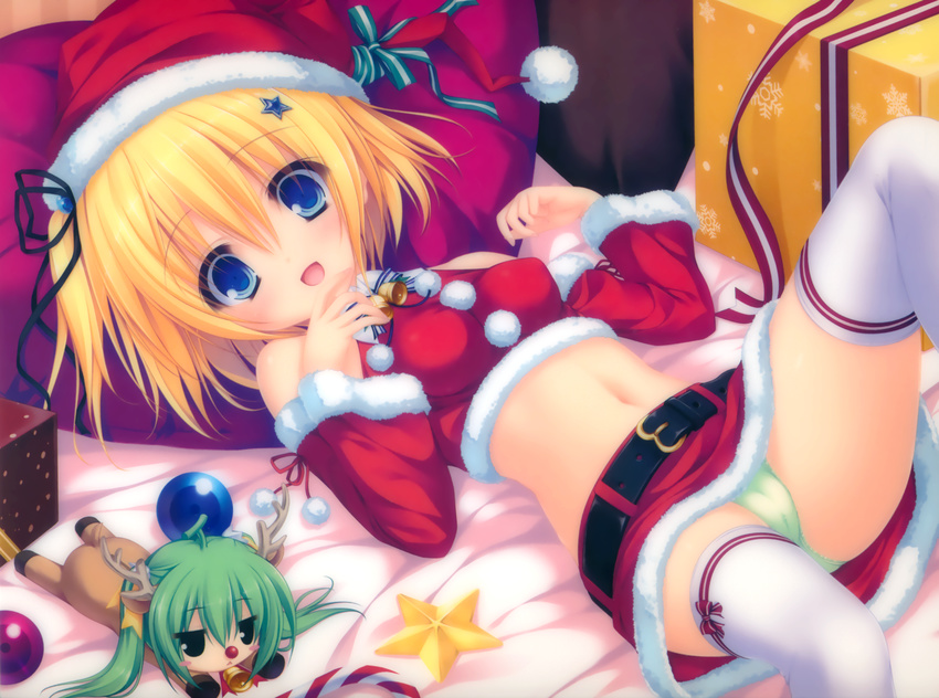 :d absurdres animal_costume bed belt blonde_hair blue_eyes blush box breasts cameltoe candy candy_cane chibi christmas covered_nipples detached_sleeves food fur_trim gift gift_box green_hair green_panties hair_ornament hair_ribbon halter_top halterneck hat heart heart_pillow highres horns leg_up lemon-chan looking_at_viewer lying medium_breasts melon-chan melonbooks midriff mikagami_mamizu miniskirt multiple_girls navel open_mouth panties pantyshot pillow red_nose reindeer_costume ribbon santa_hat short_hair skirt smile star star_hair_ornament thighhighs underwear white_legwear