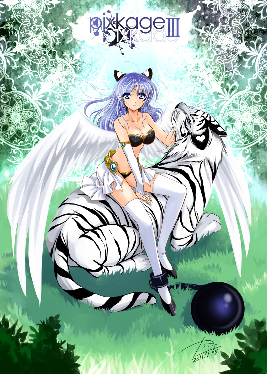 angel_wings ankle_cuffs ball_and_chain_restraint blue_eyes blue_hair bow bra breasts bustier cleavage hair_bow highres kanna_(plum) lingerie long_hair looking_at_viewer medium_breasts pixiv_shadow revision shiny shiny_skin sitting smile solo thighhighs tiger underwear white_legwear white_tiger wings