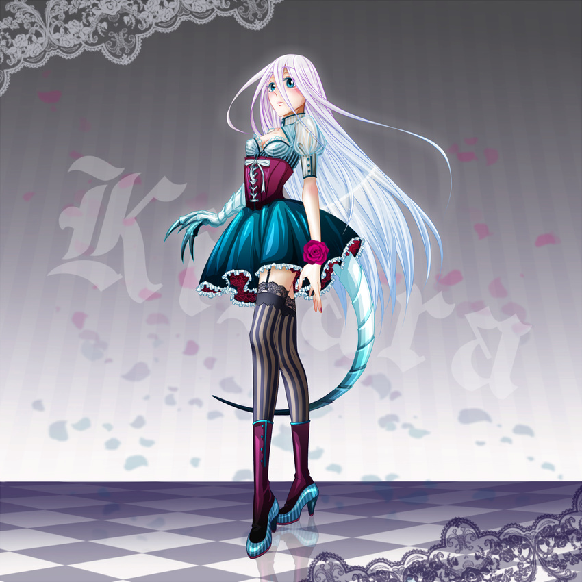 bad_id bad_pixiv_id blacksyrup16g blue-eyes_white_dragon blue_eyes center_opening claws corset dragon_girl dragon_tail duel_monster garter_belt high_heels highres kisara long_hair monster_girl multicolored_hair solo striped striped_legwear tail thighhighs vertical-striped_legwear vertical_stripes yuu-gi-ou yuu-gi-ou_duel_monsters