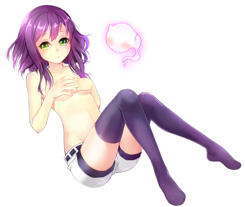 bad_id bad_pixiv_id black_legwear blush borrowed_character breasts covering covering_breasts full_body ghost green_eyes highres hoshi_usagi isabelle_(acerailgun) looking_at_viewer original purple_hair short_hair shorts small_breasts solo thighhighs topless transparent_background