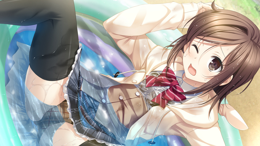 1girl black_legwear bow bowtie breasts brown_eyes brown_hair game_cg highres kissart legs looking_away mikoto_akemi open_mouth panties pool school_uniform short_hair sitting skirt small_breasts spread_legs takanashi_madoka takei_ooki thighhighs thighs underwear upskirt water wet wet_clothes wince