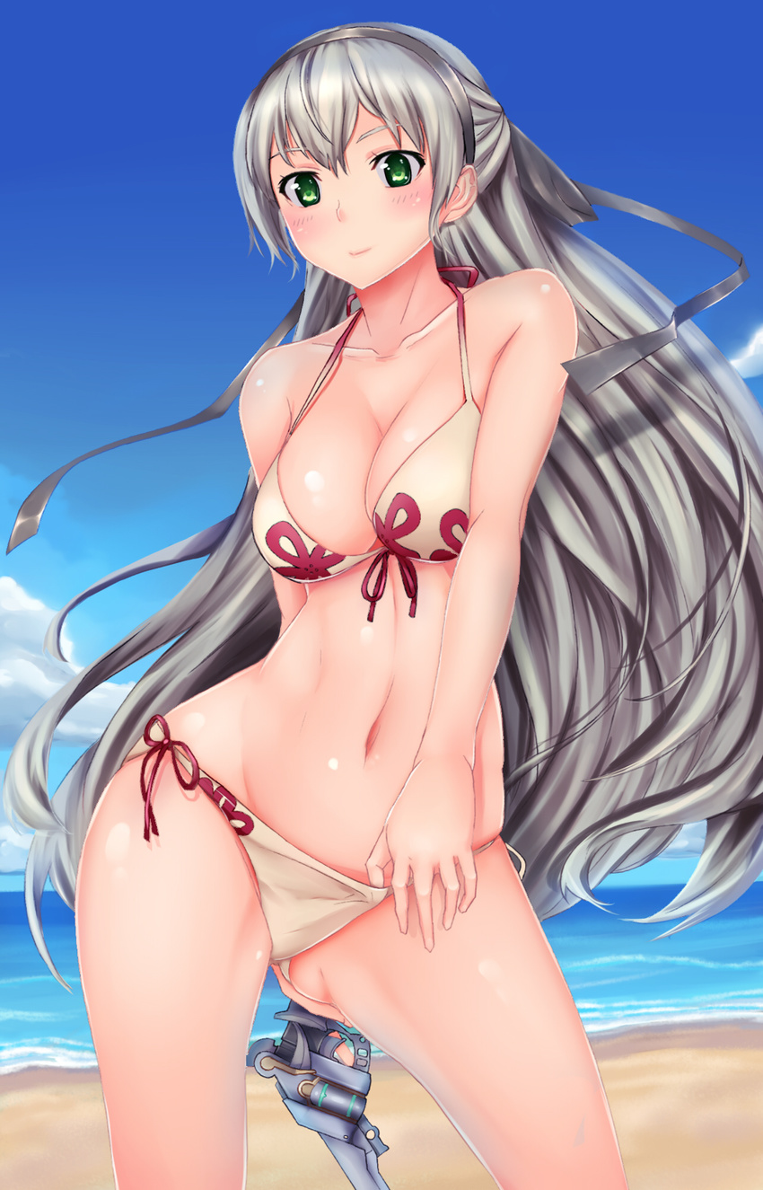 beach bikini blush breasts cleavage cloud colorized day eiyuu_densetsu elie_macdowell front-tie_top green_eyes gun half_updo highres large_breasts long_hair looking_at_viewer navel outdoors pitui1996 shiny shiny_skin side-tie_bikini silver_hair skindentation sky solo strap_gap swimsuit trigger_discipline very_long_hair weapon zero_no_kiseki