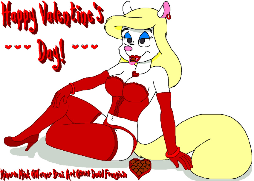 &lt;3 animaniacs animated bracelet breasts chocolate cleavage clothed clothing corset david_frangioso ear_piercing gloves high_heels holidays jewelry lingerie lipstick minerva_mink mink mustelid navel pendant piercing pinup solo stockings valentine's_day
