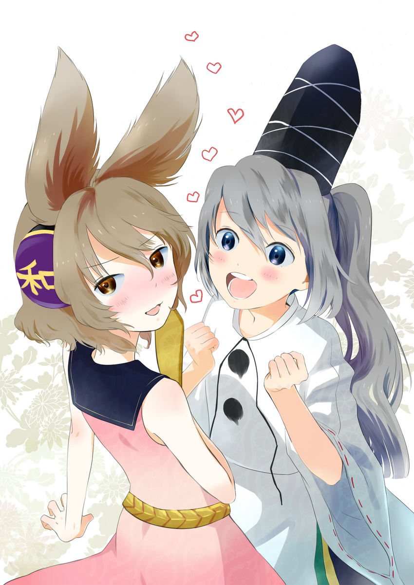 bad_id bad_pixiv_id belt blue_eyes blush brown_eyes brown_hair dress earmuffs floral_background floral_print grey_hair hat heart highres japanese_clothes long_hair long_sleeves looking_at_another looking_at_viewer looking_back mononobe_no_futo multiple_girls open_mouth pink_dress ponytail ritual_baton shirt short_hair simple_background skirt skirt_set sleeveless smile tate_eboshi touhou toyosatomimi_no_miko vest wavy_mouth wide_sleeves yamada_ranga