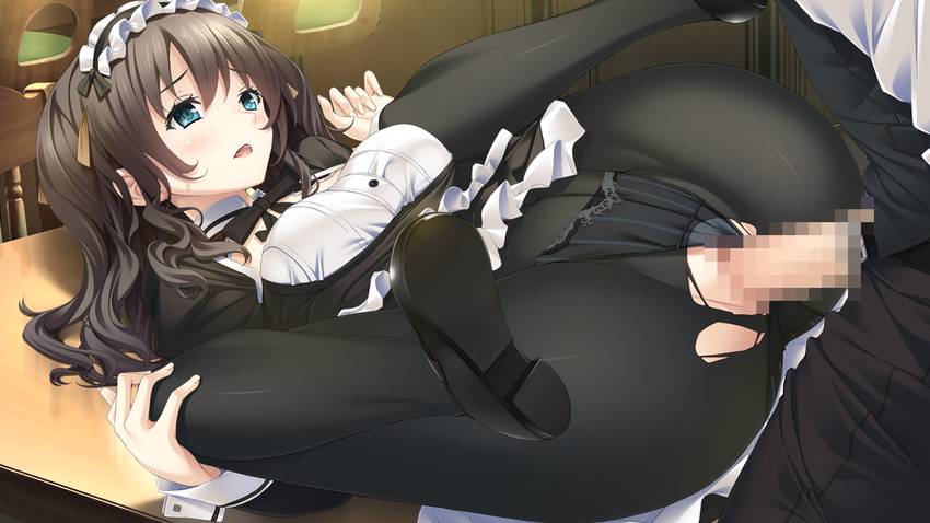 1girl aikawa_arisa_(kissart) ass blue_eyes blush breasts brown_hair censored game_cg highres kissart large_breasts legs legs_up long_hair looking_up lying maid maid_headdress mikoto_akemi open_mouth panties panties_aside pantyhose penis pussy sex shoes spread_legs table thighs torn_clothes torn_pantyhose underwear vaginal