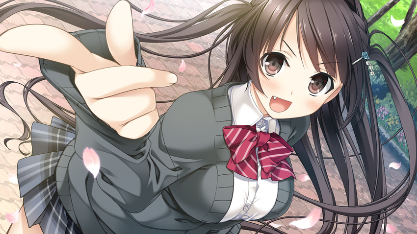 1girl black_eyes black_hair blush bow bowtie breasts game_cg grass happy highres kano_hijiri kissart large_breasts long_hair looking_at_viewer mikoto_akemi open_mouth petals school_uniform skirt smile solo standing takei_ooki tree trees twintails