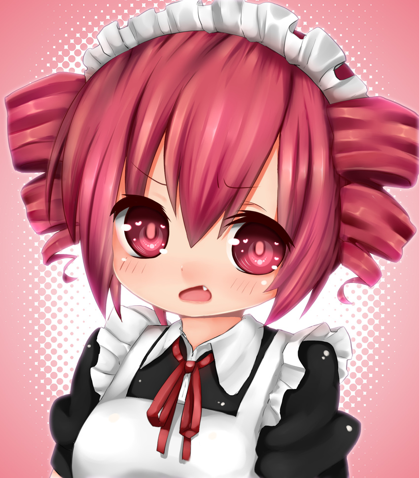 alternate_costume apron blush colorized drill_hair enmaided fang highres kasane_teto maid maid_apron maid_headdress pink_eyes pink_hair pitui1996 solo twin_drills twintails utau