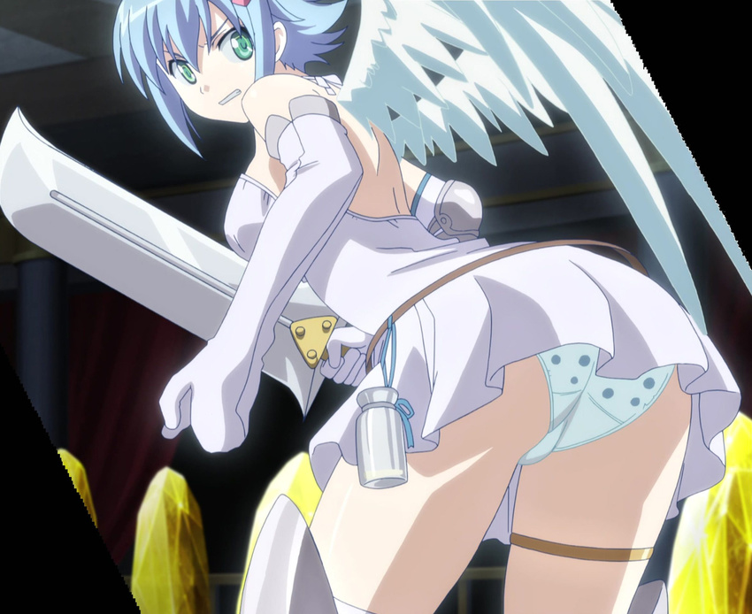 1girl angry blue_hair dress green_eyes highres nanael panties pantyshot queen's_blade queen's_blade short_hair solo stitched sword underwear upskirt weapon white_dress