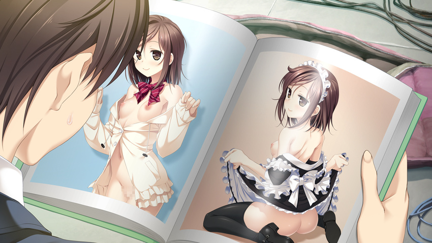 areolae asama_makoto ass black_legwear blush breasts brown_eyes brown_hair censored feet game_cg kiss_ato_kiss_will_change_my_relation_with_you legs magazine maid maid_headdress mosaic_censoring nipples no_bra no_panties open_clothes open_shirt photo_(object) pussy shirt shoes short_hair sitting small_breasts smile standing takanashi_madoka takei_ooki thighs