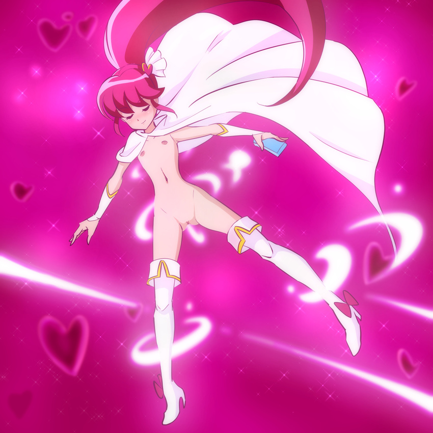 aino_megumi bad_id bad_pixiv_id boots breasts cape closed_eyes cure_lovely eyelashes hair_ornament happinesscharge_precure! heart heart_hair_ornament henshin high_heels highres long_hair magical_girl mont_blanc_(heartcatch_ayaya) navel nipples nude pink_background pink_hair ponytail precure pussy small_breasts solo thigh_boots thighhighs thighs transformation wide_ponytail wrist_cuffs