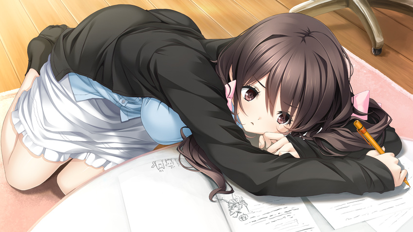 1girl black_hair bored breasts carpet feet game_cg highres hoshimi_tsukuyo kissart large_breasts legs long_hair looking_down mikoto_akemi no_shoes paper pencil red_eyes sitting skirt socks solo table thighs wooden_floor