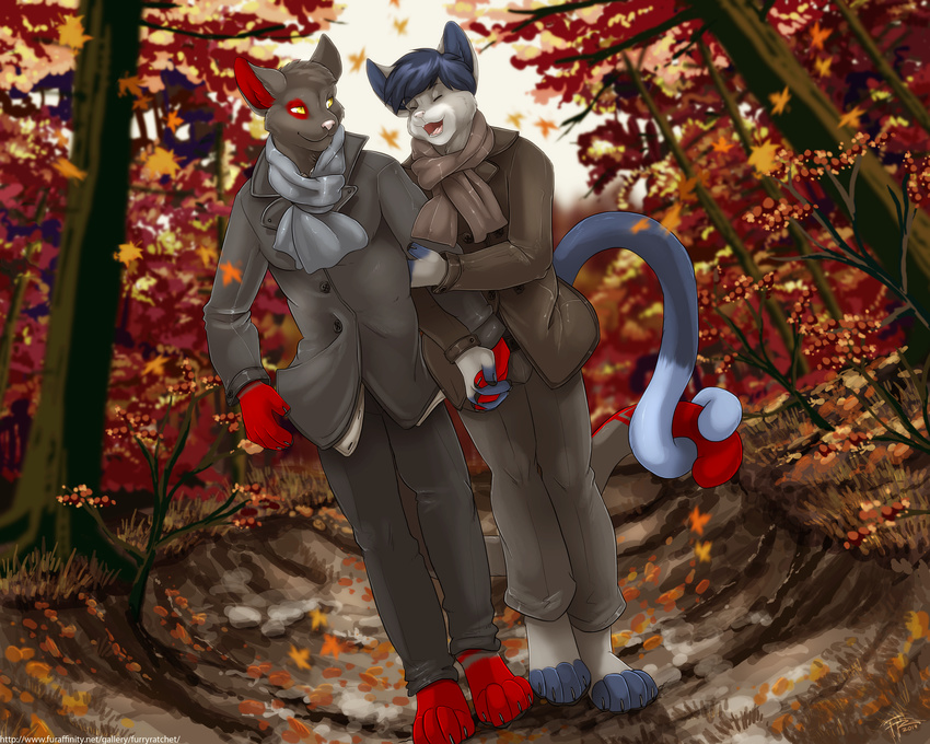 absurd_res anthro autumn black_fur black_hair blue_fur cat claws clothed clothing couple duo eyes_closed feline forest fur furryratchet gay grey_fur hair hand_holding hi_res hindpaw jacket male mammal open_mouth outside pants paws pink_nose red_eyes scarf short_hair sky smile teeth tongue tree white_fur yellow_eyes
