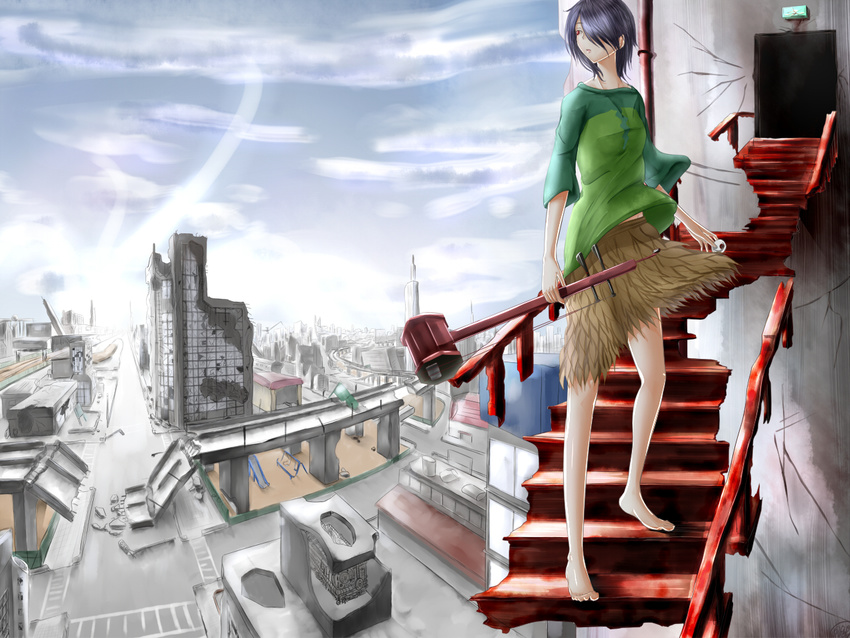 barefoot black_hair bow_(instrument) cityscape day debris drop_(pureko1193) erhu expressionless full_body hair_over_one_eye holding instrument long_sleeves looking_away red_eyes skirt sky solo stairs wings yomika yume_graffiti