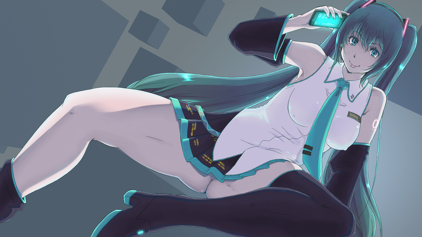 boots breasts cellphone covered_nipples detached_sleeves elk115 green_eyes green_hair hatsune_miku highres long_hair medium_breasts necktie no_bra no_panties phone sitting skirt smile solo thigh_boots thighhighs twintails very_long_hair vocaloid