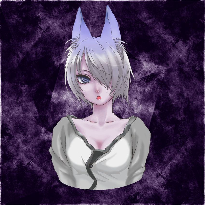 alternate_color alternate_hair_color animal_ears blue_eyes breasts cleavage collarbone expressionless hair_over_one_eye highres medium_breasts milky_way_(mirukii) short_hair silver_hair solo upper_body wolf_ears yomika yume_graffiti