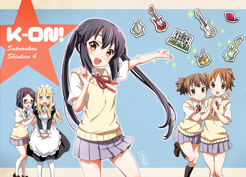 black_hair blonde_hair blue_eyes brown_eyes brown_hair highres hirasawa_ui k-on! long_hair maid minimaru multiple_girls nakano_azusa okuda_nao ponytail saitou_sumire sakuragaoka_high_school_uniform school_uniform short_hair short_twintails suzuki_jun twintails