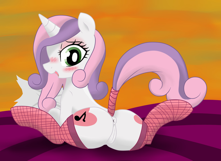 anus butt cutie_mark equine female feral friendship_is_magic fur green_eyes hair hi_res horn horse jetwave legwear looking_at_viewer mammal my_little_pony pony pussy raised_tail solo stockings sweetie_belle_(mlp) two_tone_hair unicorn white_fur
