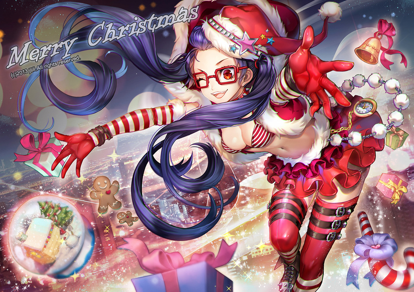 bell blue_hair blush box bra breasts buckle candy candy_cane christmas cleavage food gift gift_box gingerbread_man glasses gloves hair_ornament hairclip hat j.lili layered_skirt long_hair medium_breasts merry_christmas miniskirt navel one_eye_closed open_mouth original outstretched_arms pocket_watch red-framed_eyewear red_eyes red_gloves red_legwear sack santa_costume santa_hat shiny shiny_skin skirt smile snow_globe solo sparkle star striped striped_bra striped_gloves striped_legwear thigh_strap thighhighs toy underwear watch