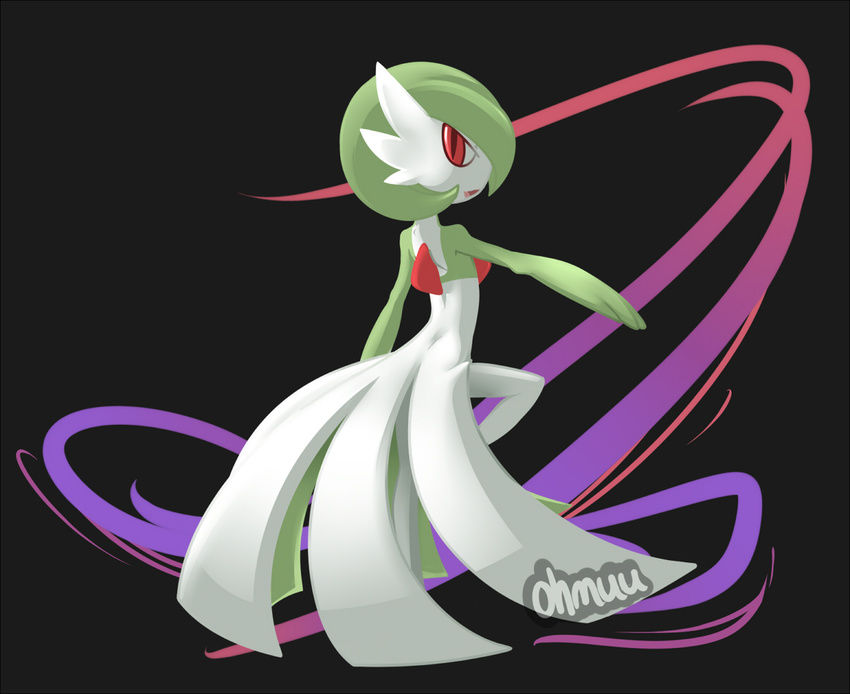 ambiguous_gender gardevoir green_hair hair looking_at_viewer looking_back nintendo ohmuu open_mouth plain_background pok&#233;mon pok&eacute;mon red_eyes short_hair solo standing video_games