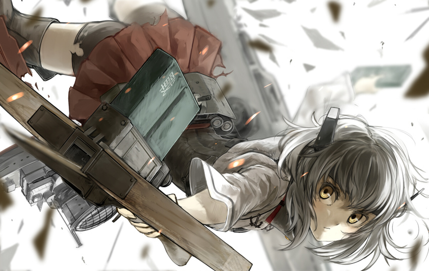armor bike_shorts blurry blush bow_(weapon) brown_eyes brown_hair crossbow damaged depth_of_field flat_chest flight_deck headband headgear kantai_collection looking_at_viewer magazine_(weapon) nishiuri pleated_skirt short_hair shorts shorts_under_skirt skirt solo taihou_(kantai_collection) thighhighs torn_clothes weapon yellow_eyes