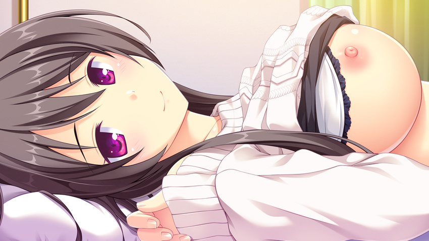 black_hair blush bra bra_lift breasts curtains game_cg ichijou_aoi large_breasts long_hair looking_at_viewer lying melty_moment nipples on_back pillow purple_eyes shirt_lift sleeves_past_wrists smile solo sweater takayaki underwear white_bra