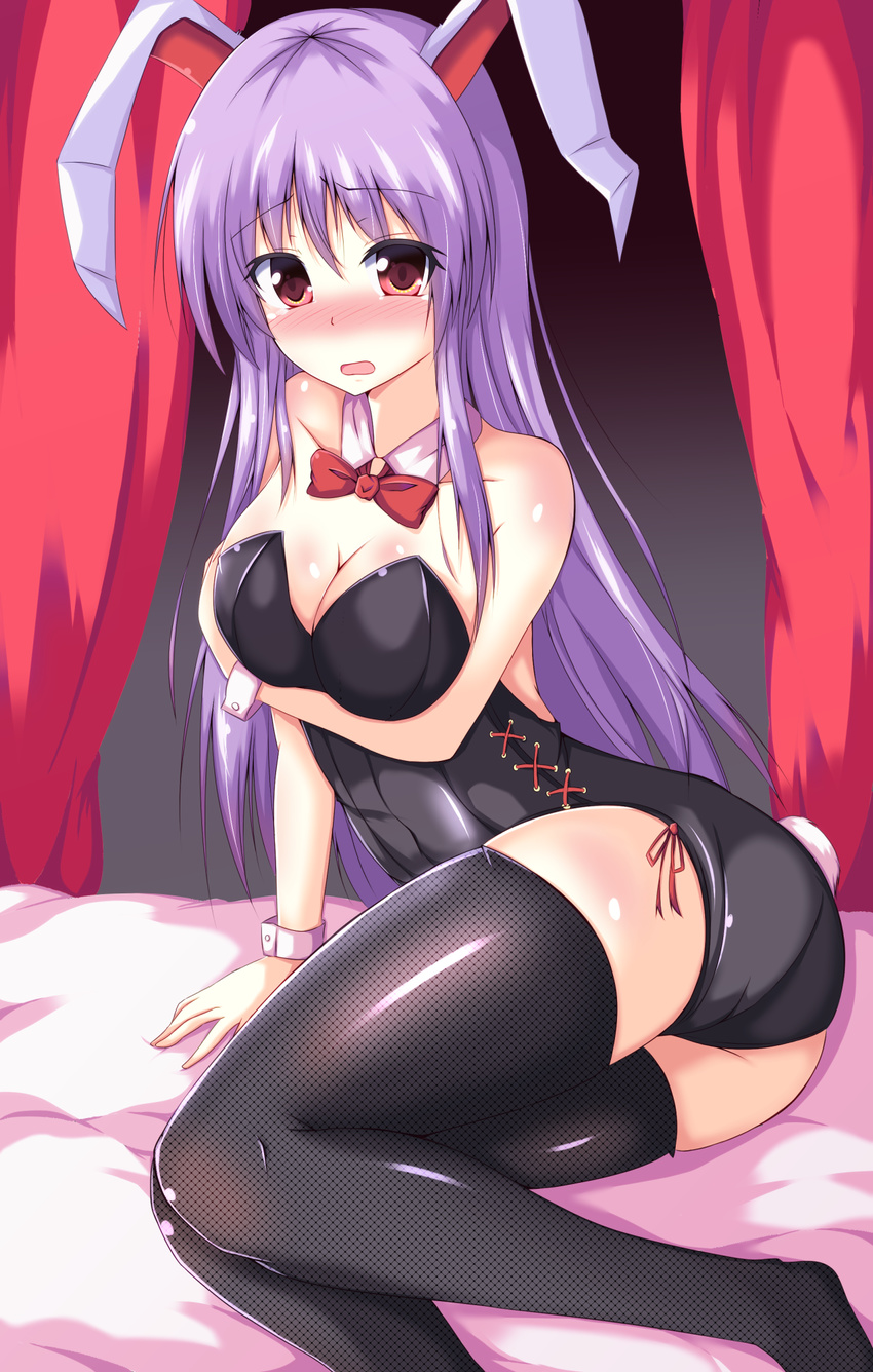 animal_ears bare_arms bare_shoulders black_legwear blush breast_lift breasts bunny_ears bunny_girl bunny_tail bunnysuit cleavage collarbone detached_collar embarrassed highres large_breasts leotard long_hair looking_at_viewer naba_(take_tonbo) open_mouth purple_hair red_eyes reisen_udongein_inaba sitting solo tail thighhighs touhou very_long_hair wrist_cuffs