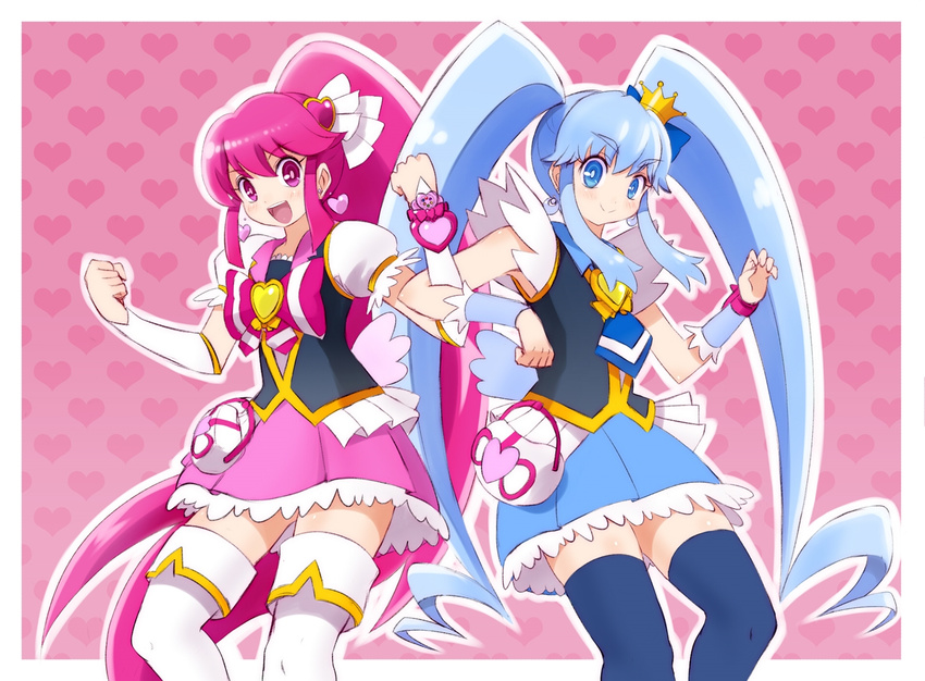 aino_megumi blue_eyes blue_hair blue_legwear blue_skirt boots bow crown cure_lovely cure_princess earrings eyelashes hair_ornament happinesscharge_precure! happy heart heart_hair_ornament jewelry kamiyama_teten long_hair looking_at_viewer magical_girl multiple_girls open_mouth pink_bow pink_eyes pink_hair pink_skirt ponytail precure puffy_sleeves shirayuki_hime shirt skirt smile standing thigh_boots thighhighs thighs twintails white_legwear wide_ponytail wrist_cuffs zettai_ryouiki