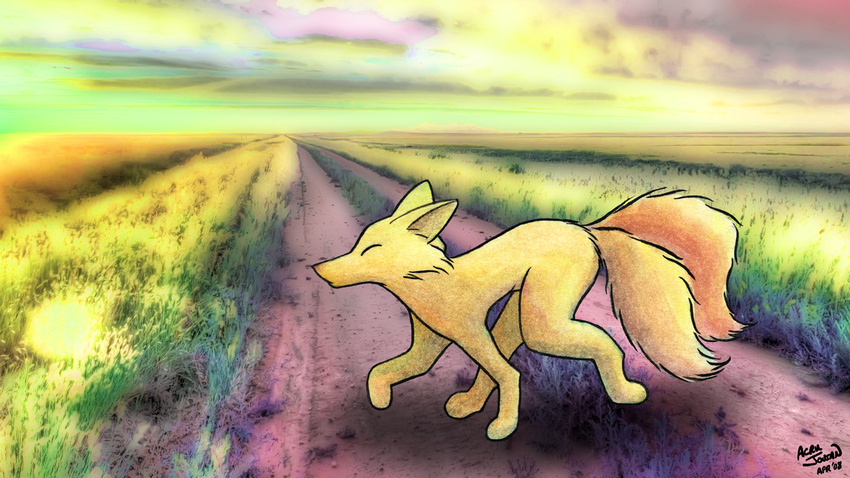 ambiguous_gender canine false_color feral field fox fur grass gravel mammal multiple_tails photo_background quadruped road running traditional_media watercolor