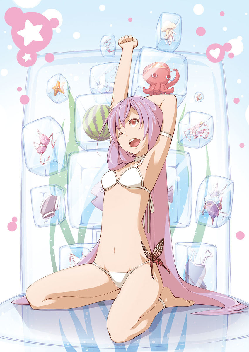 anklet arm_up armlet armpits arms_behind_head barefoot bikini conch cube food fruit full_body highres jellyfish jewelry long_hair navel noraico octopus one_eye_closed open_mouth original purple_hair red_eyes seiza sitting solo spread_legs starfish stretch swimsuit very_long_hair watermelon white_bikini