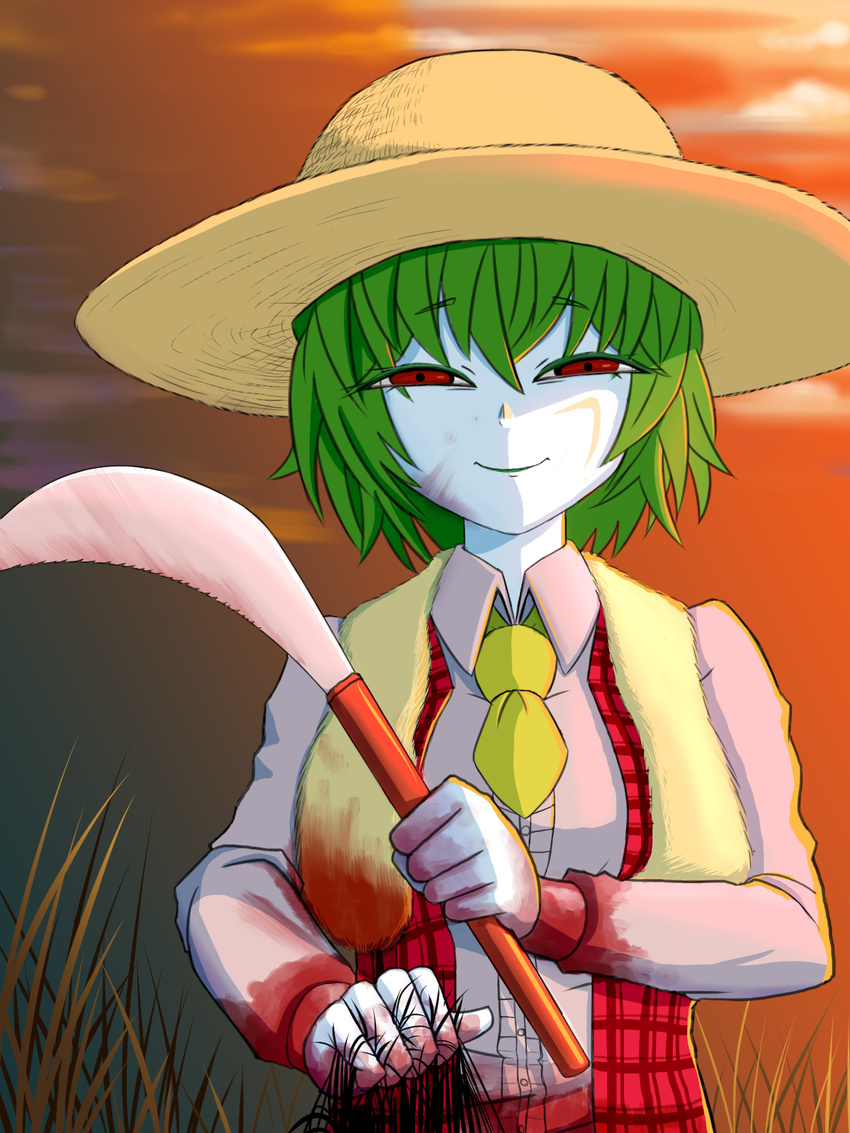 bad_id bad_pixiv_id banned_artist blood blood_stain bloody_clothes cloud dress dusk green_hair hat highres holding holding_hair horror_(theme) kazami_yuuka looking_at_viewer neckerchief okahi pale_skin plant raised_eyebrows red_dress red_eyes shibito_(siren) shirt short_hair sickle siren sky smile smudge solo sun_hat touhou vest