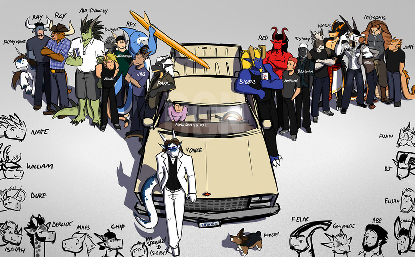 anthro bgn canine car clothign clothing dog donkey dragon equine eyewear fish fur giraffe group hair hat horn human jamie_the_oryx kangaroo looking_at_viewer male mammal marine marsupial memphis miguel miles_(mascot) minotaur mr_stanley oryx red_(character) rex_(character) shark sunglasses surfboard sydney_o'connell sydney_o'connell unicorn vehicle vonce