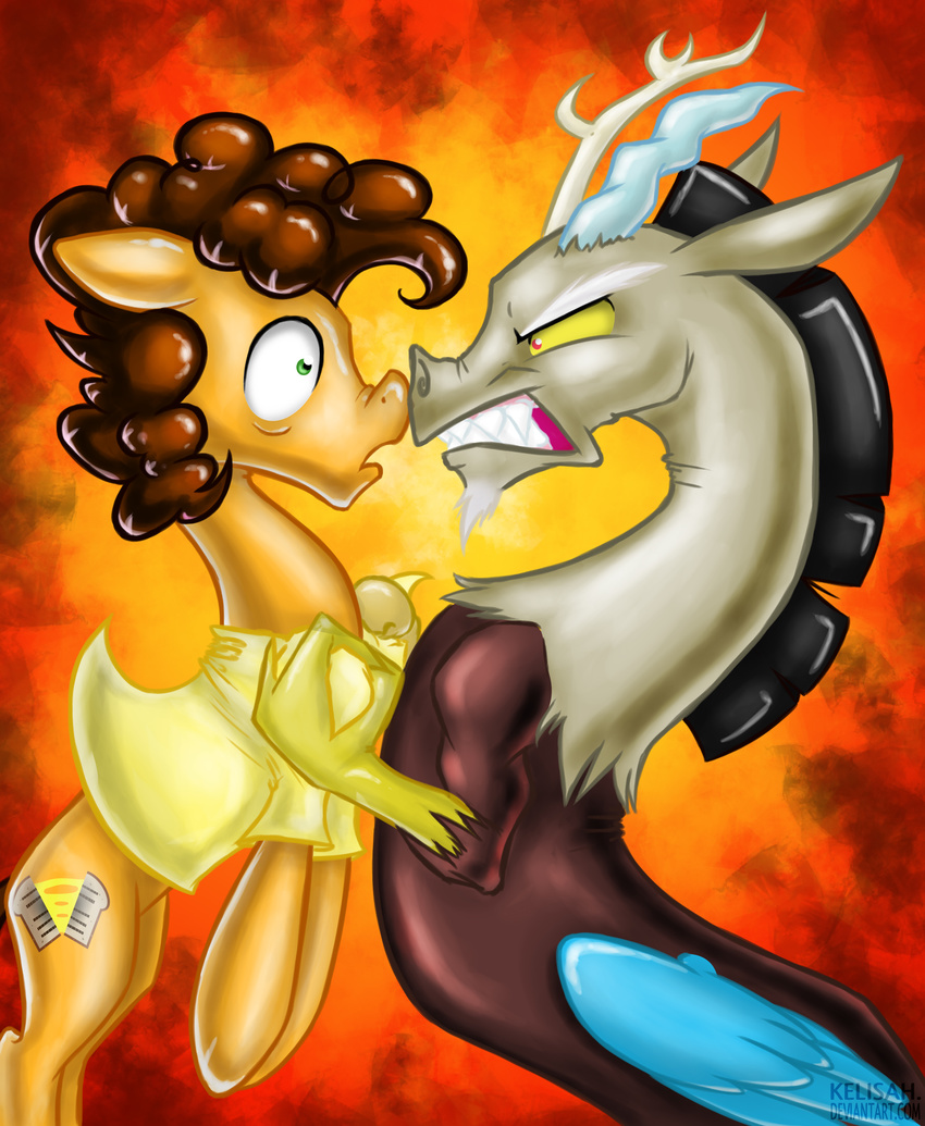 angry bottomless brown_hair cheese_sandwich_(mlp) clothing cutie_mark discord_(mlp) draconequus duo equine fangs friendship_is_magic fur green_eyes hair hooves horse kelisah male mammal my_little_pony orange_fur pony red_eyes shirt