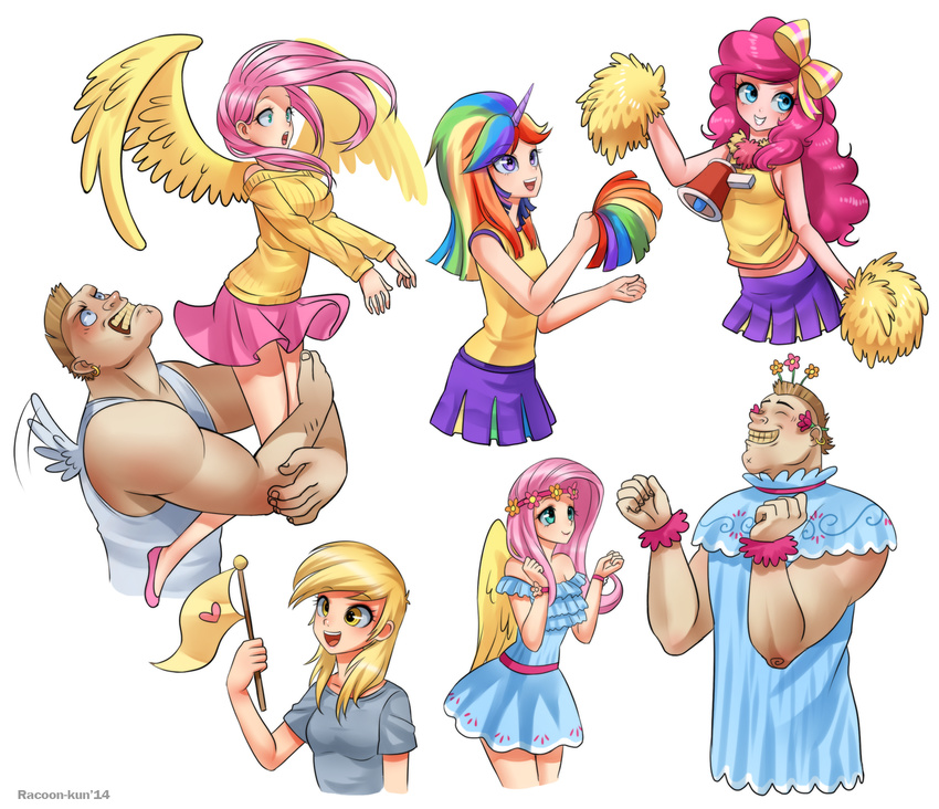 blonde_hair blue_eyes breasts bulk_biceps_(mlp) cheerleader clothed clothing crossdressing derpy_hooves_(mlp) dress ear_piercing equine eyes_closed female flag flower fluttershy_(mlp) friendship_is_magic green_eyes hair horn human humanized male mammal my_little_pony pegasus piercing pink_hair pinkie_pie_(mlp) purple_eyes racoon-kun racoonkun scene_interpretation skirt smile sweater twilight_sparkle_(mlp) unicorn wig wings yellow_eyes