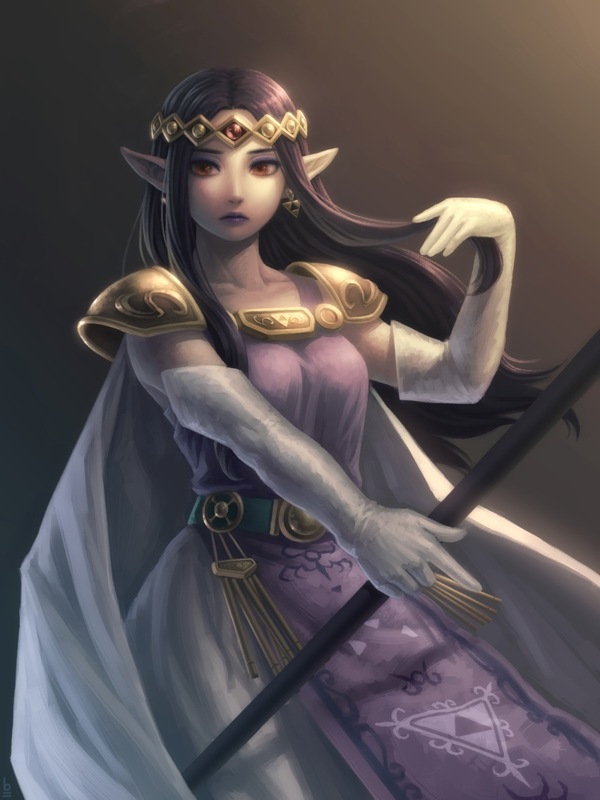 bellhenge earrings elbow_gloves gloves highres jewelry long_hair md5_mismatch pointy_ears princess_hilda purple_hair red_eyes resized solo staff the_legend_of_zelda the_legend_of_zelda:_a_link_between_worlds triforce upscaled white_gloves