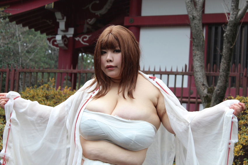 1girl asian breasts brown_hair cleavage fat fundoshi huge_breasts luu_(cosplayer) photo solo