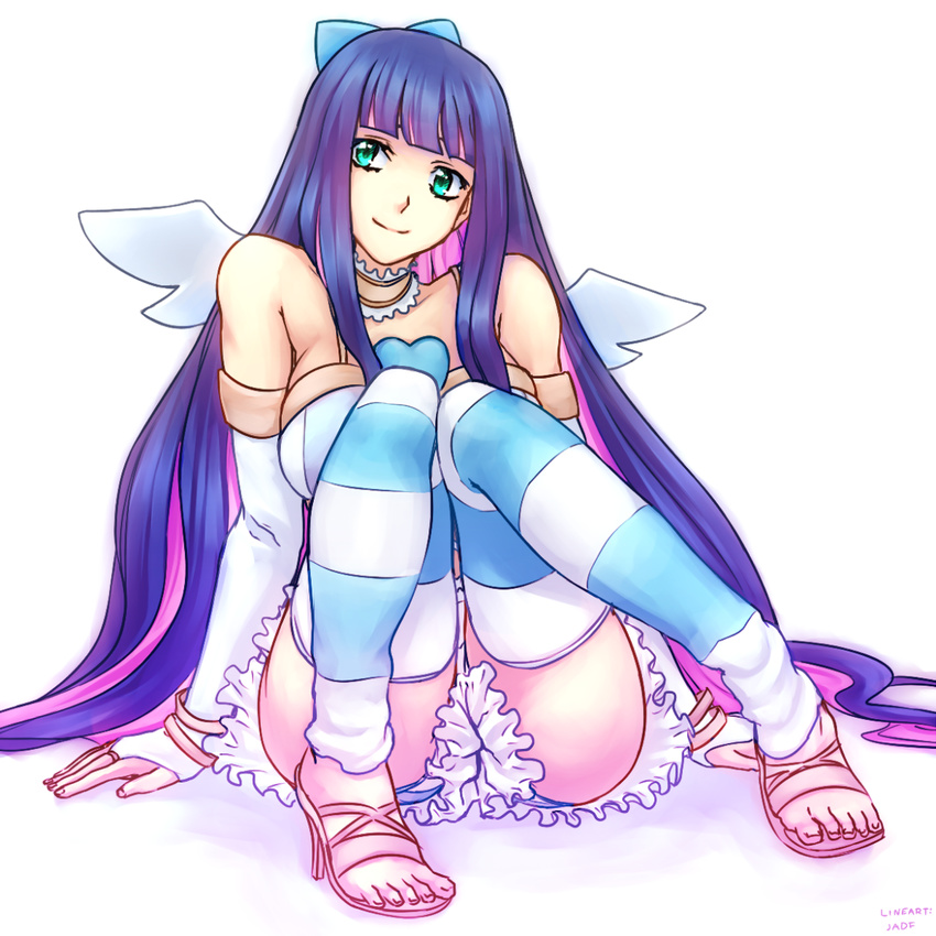 angel_wings arm_warmers bare_shoulders breasts choker cleavage collaboration detached_sleeves eyelashes fingerless_gloves gloves hair_ornament hair_ribbon happy heart high_heels jadf large_breasts long_hair looking_at_viewer monorus multicolored_hair non-web_source panty_&amp;_stocking_with_garterbelt pink_hair purple_hair ribbon sandals simple_background sitting smile solo stocking_(psg) striped striped_legwear thighhighs thighs two-tone_hair very_long_hair white_background white_gloves wings