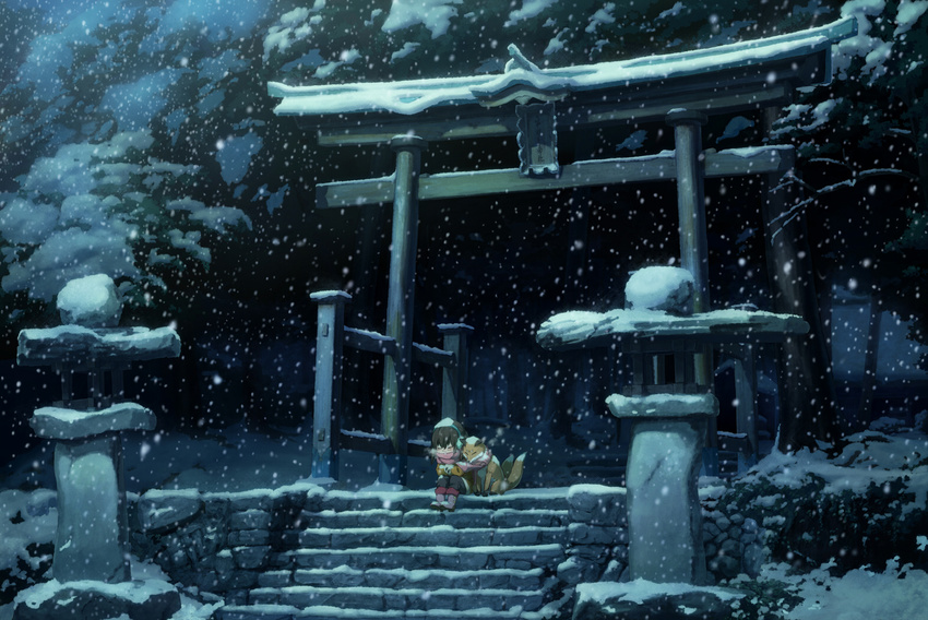 fox nekotama night original scarf snow stairs torii