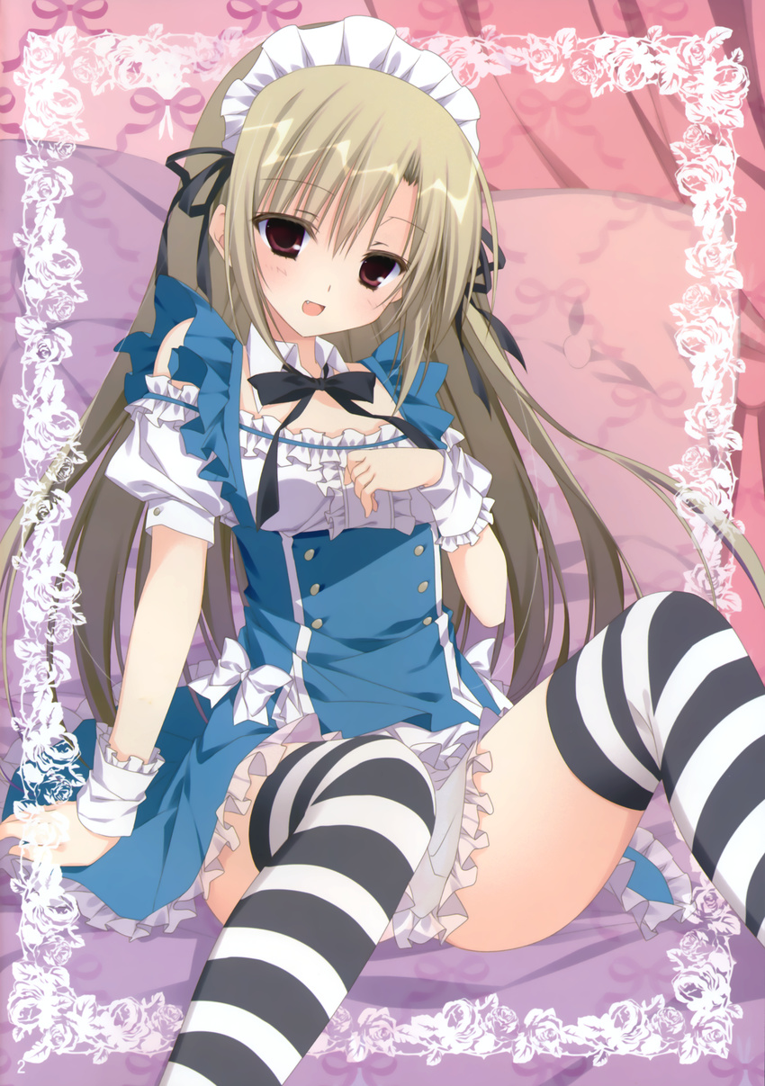 :d absurdres black_legwear blonde_hair brown_eyes dress highres inugami_kira long_hair maid maid_headdress open_mouth sitting smile spread_legs striped striped_legwear thighhighs white_legwear wrist_cuffs