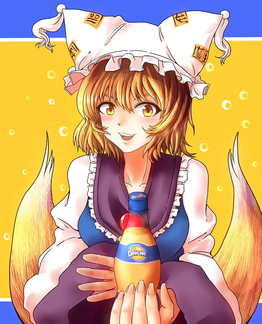 absurdres blonde_hair collarbone commentary_request dress fingernails fox_tail giving hat highres long_sleeves looking_at_viewer multiple_tails open_mouth orange_background orangina pillow_hat product_placement short_hair smile solo striped striped_background tabard tail tassel toluda touhou yakumo_ran yellow_eyes
