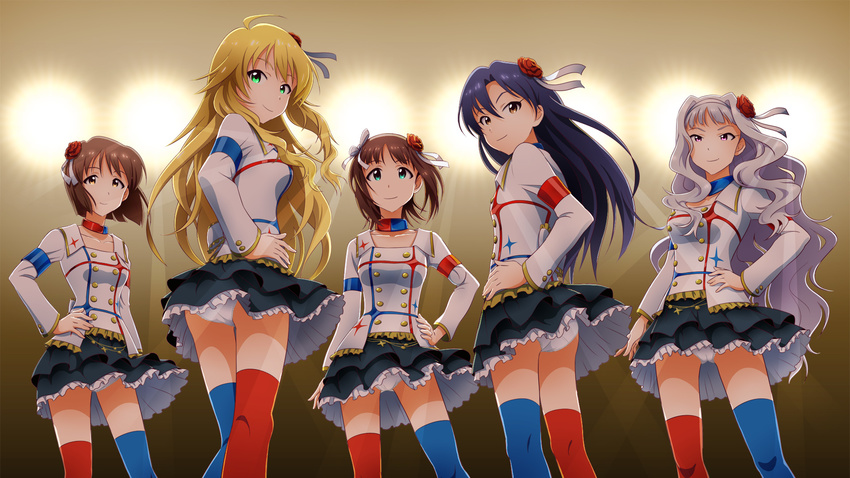 amami_haruka blue_legwear choker hagiwara_yukiho highres hoshii_miki idolmaster idolmaster_(classic) idolmaster_movie kisaragi_chihaya looking_at_viewer mismatched_legwear multiple_girls panties red_legwear shijou_takane smile starpiece_memories sunsun69 thighhighs underwear upskirt