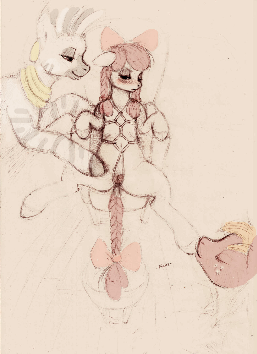 anatomically_correct anatomically_correct_pussy apple_bloom_(mlp) big_macintosh_(mlp) black_fur blush bound bow_tie braided_hair chair cub ear_piercing equine female feral friendship_is_magic fuchs fur group hair half-closed_eyes hi_res hoof_fetish hooves horse lesbian licking lying male mammal my_little_pony navel necklace on_back open_mouth piercing pony presenting presenting_pussy pussy red_hair rope rope_bondage smile straight tongue white_fur young zebra zecora_(mlp)