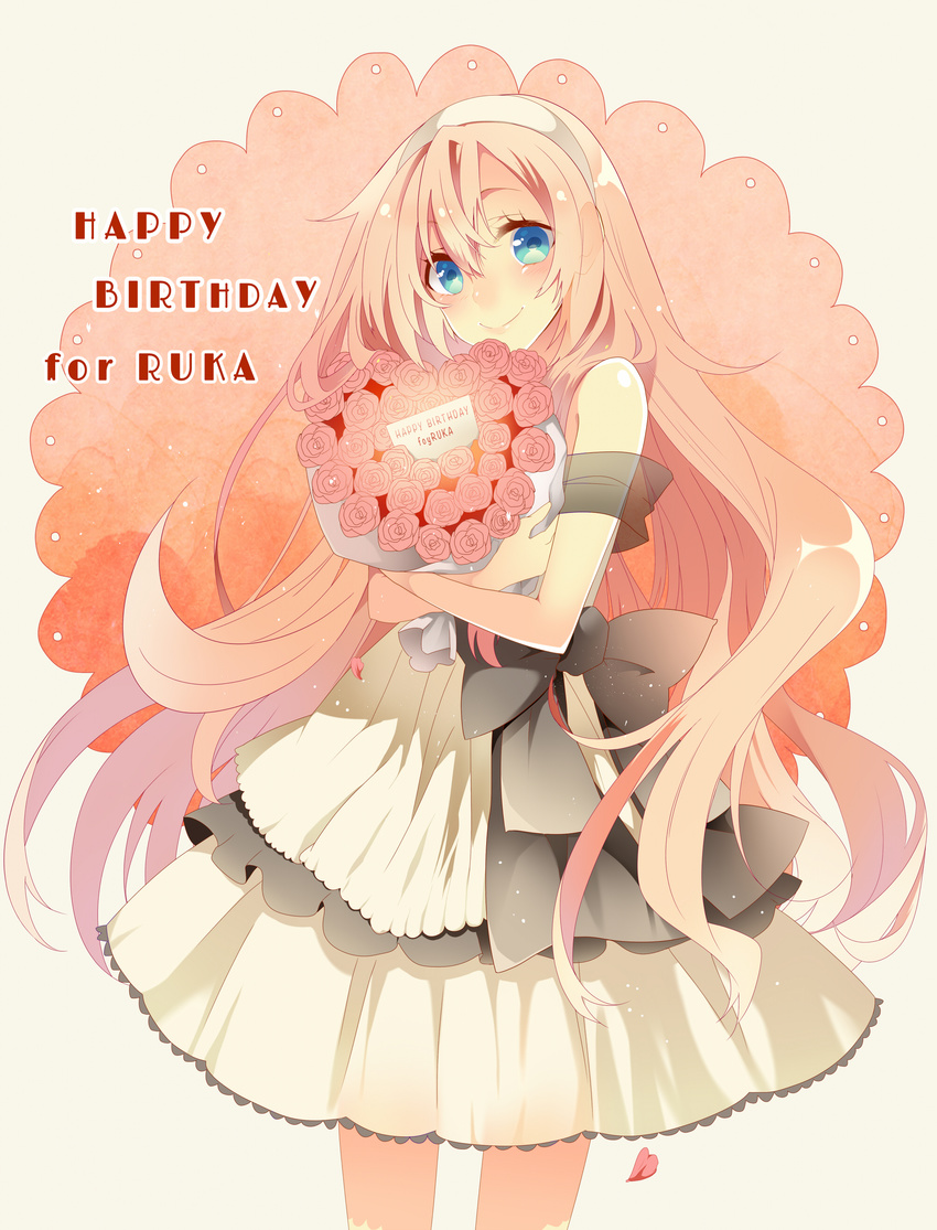 absurdres blush bouquet dress flower highres long_hair looking_at_viewer megurine_luka pink_hair smile solo temari_(deae) vocaloid