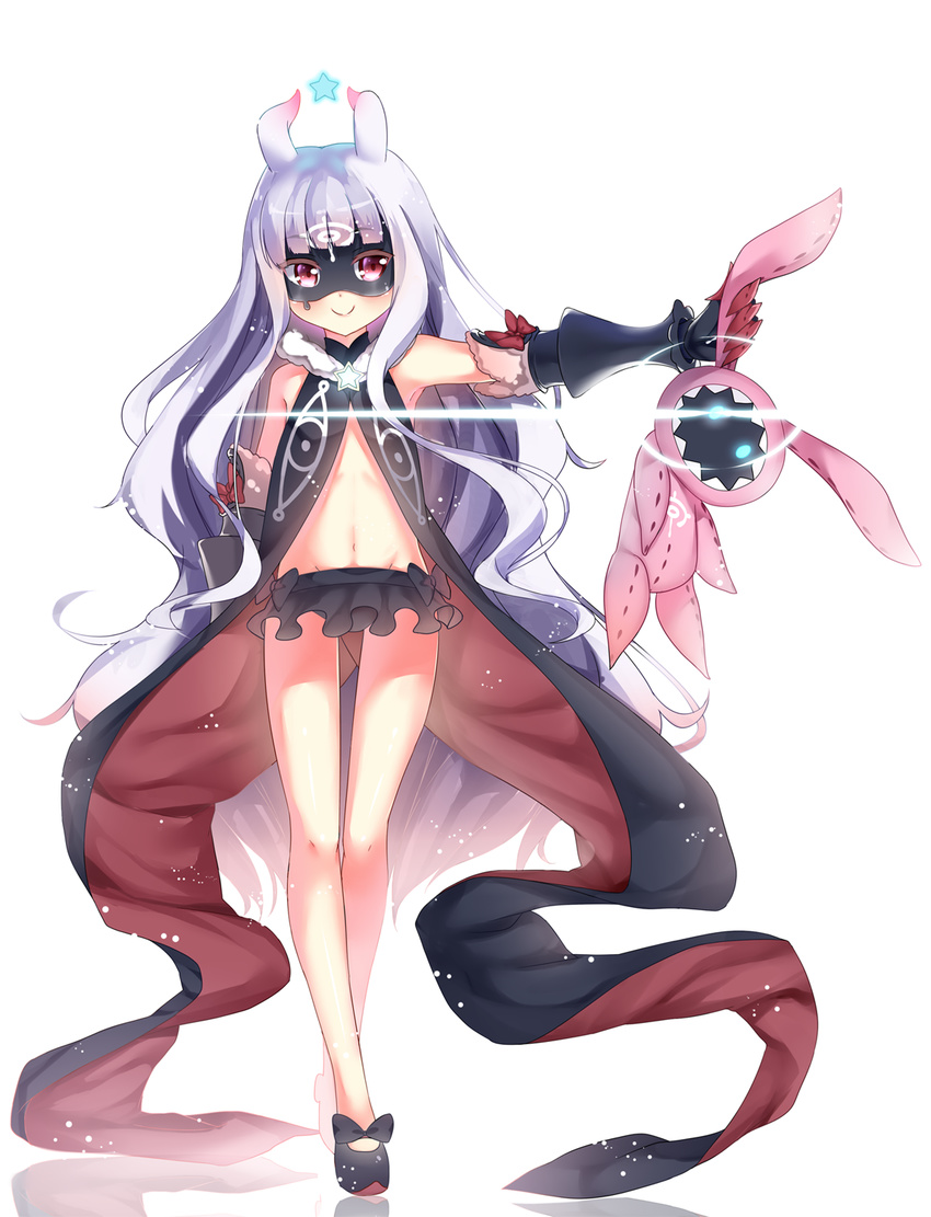 antenna_hair bangs bare_shoulders blunt_bangs fur_trim galaktika gauntlets gendo0032 gloves highres hoshimiya_kate long_hair lowleg_skirt mask midriff navel red_eyes ribbon sekai_seifuku:_bouryaku_no_zvezda shoes silver_hair smile solo star stuffed_animal stuffed_toy venera-sama very_long_hair white_background