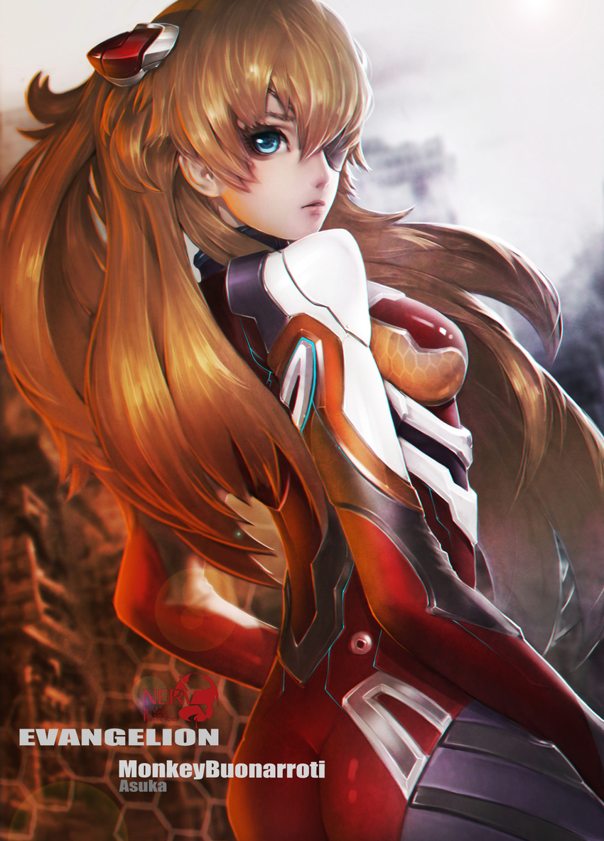 arms_at_sides artist_name ass bangs blue_eyes blurry bodysuit breasts building character_name city copyright_name depth_of_field evangelion:_3.0_you_can_(not)_redo eyelashes eyepatch floating_hair from_side grey_sky hair_between_eyes highres honeycomb_(pattern) lens_flare logo long_hair looking_at_viewer looking_back medium_breasts monkey_buonarroti multicolored multicolored_bodysuit multicolored_clothes neon_genesis_evangelion nerv one_eye_covered orange_hair outdoors parted_bangs parted_lips pilot_suit plugsuit realistic rebuild_of_evangelion red_bodysuit shikinami_asuka_langley skin_tight skyscraper solo souryuu_asuka_langley standing turtleneck very_long_hair