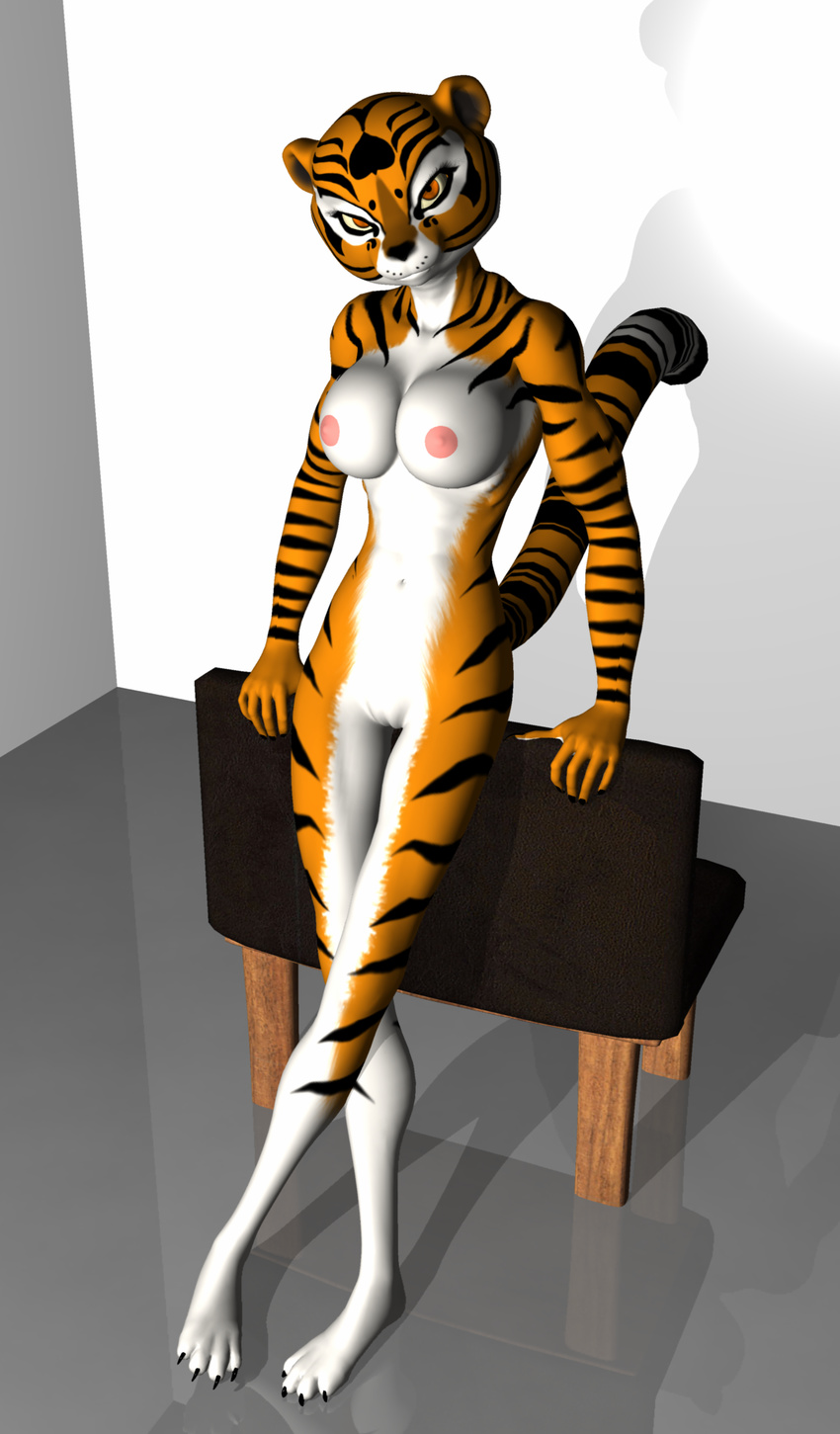 anthro big_breasts breasts feline female fur hair kung_fu_panda long_hair long_tail looking_at_viewer mammal master_tigress nude open_mouth plain_background pose pussy smile solo stripes tiger unrealfox white_fur