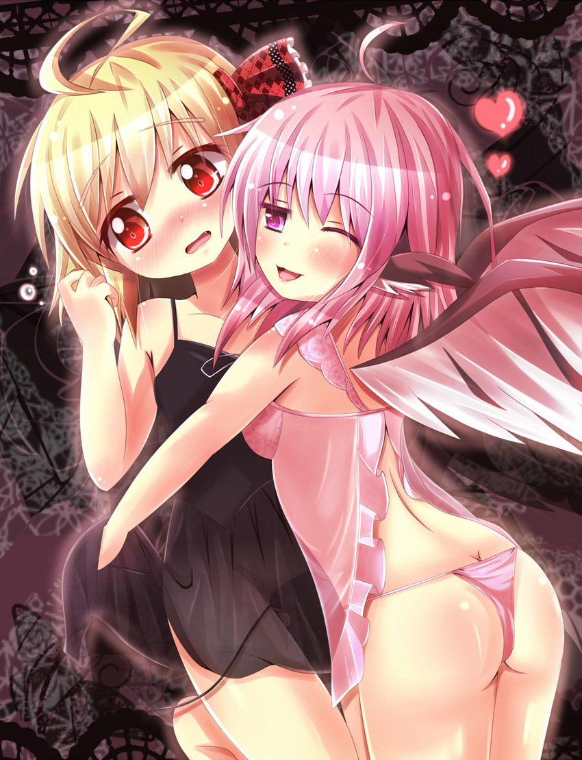 ahoge animal_ears ass black_panties blonde_hair blush hair_ribbon heart highres hug kapu_(tetete8901) lingerie multiple_girls mystia_lorelei open_mouth panties pink_hair pink_panties red_eyes ribbon rumia short_hair side-tie_panties smile thong touhou underwear untied wings