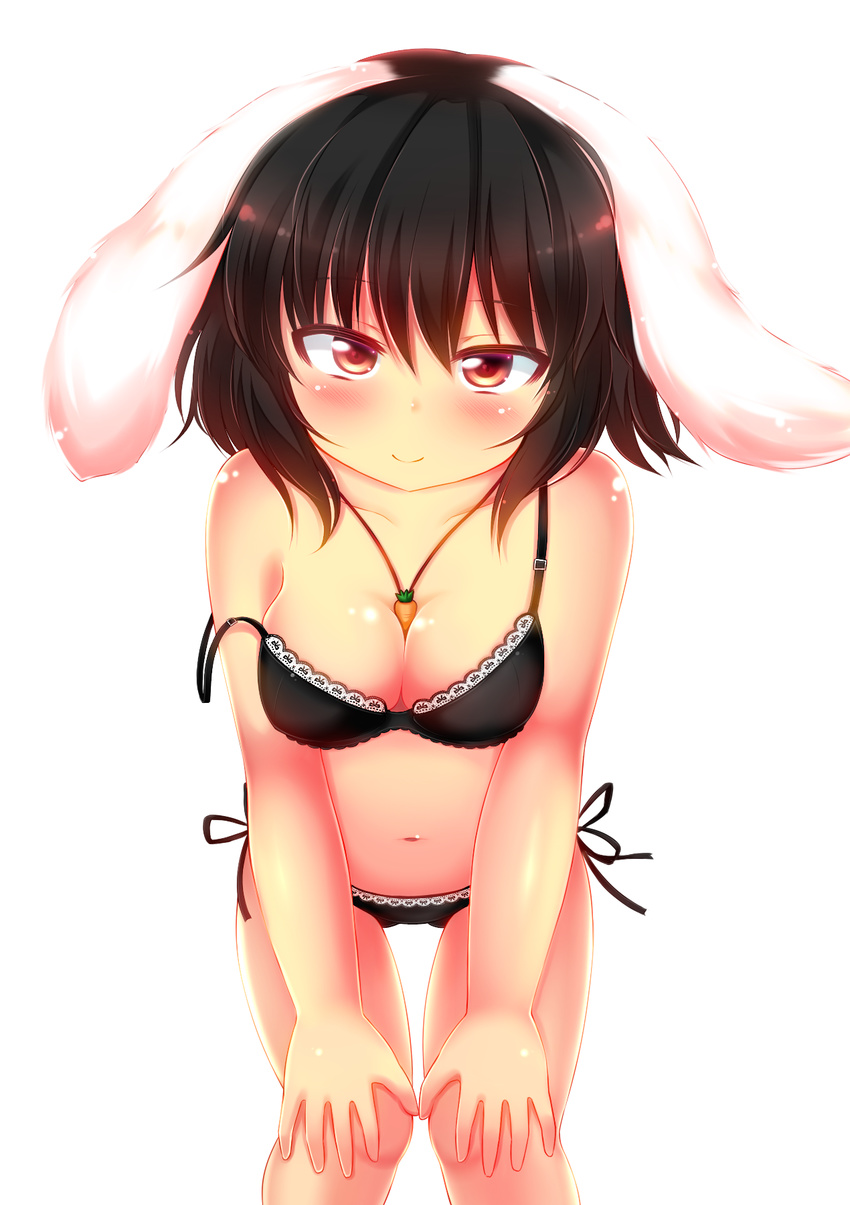 alternate_costume animal_ears bent_over between_breasts black_bra black_hair black_panties blush bra breasts bunny_ears carrot carrot_necklace cleavage collarbone commentary_request hands_on_own_knees highres inaba_tewi jewelry lace lace-trimmed_bra large_breasts looking_at_viewer navel necklace older panties pendant red_eyes rena_(riries) side-tie_panties simple_background smile solo strap_slip touhou underwear underwear_only white_background