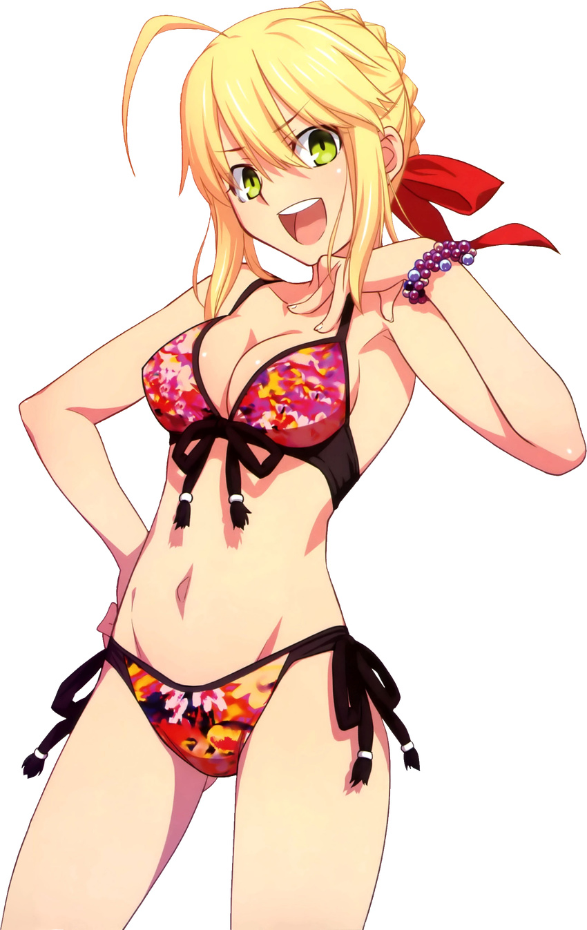 absurdres ahoge bikini blonde_hair breasts cleavage fate/extra fate_(series) green_eyes hair_ribbon highres looking_at_viewer medium_breasts navel nero_claudius_(fate) nero_claudius_(fate)_(all) open_mouth red_ribbon ribbon short_hair side-tie_bikini smile solo swimsuit takeuchi_takashi transparent_background