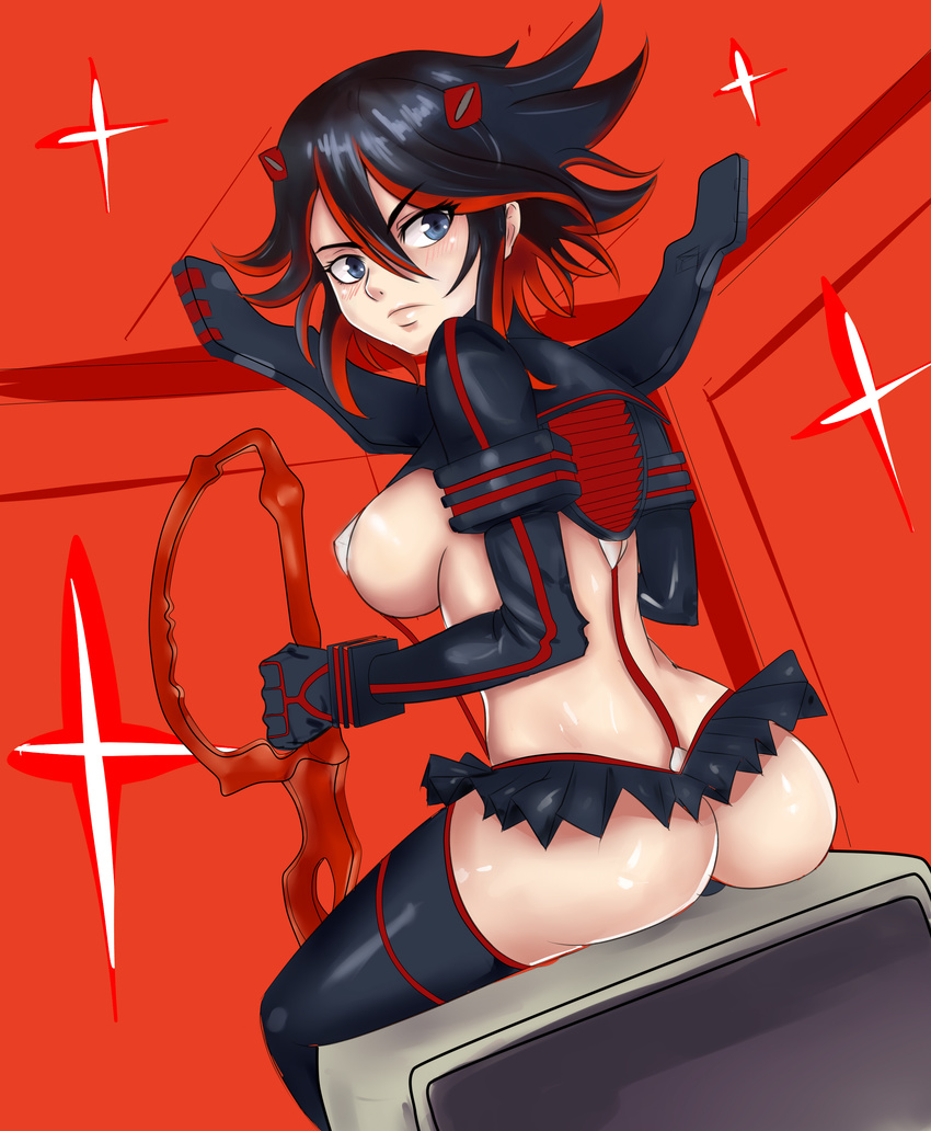 absurdres angel_pena_(angelox) ass black_hair blue_eyes blush boots breasts from_behind highres kill_la_kill large_breasts lips matoi_ryuuko microskirt multicolored_hair planted_weapon red_hair revealing_clothes scissor_blade senketsu short_hair sideboob sitting skirt solo suspenders thigh_boots thighhighs two-tone_hair weapon