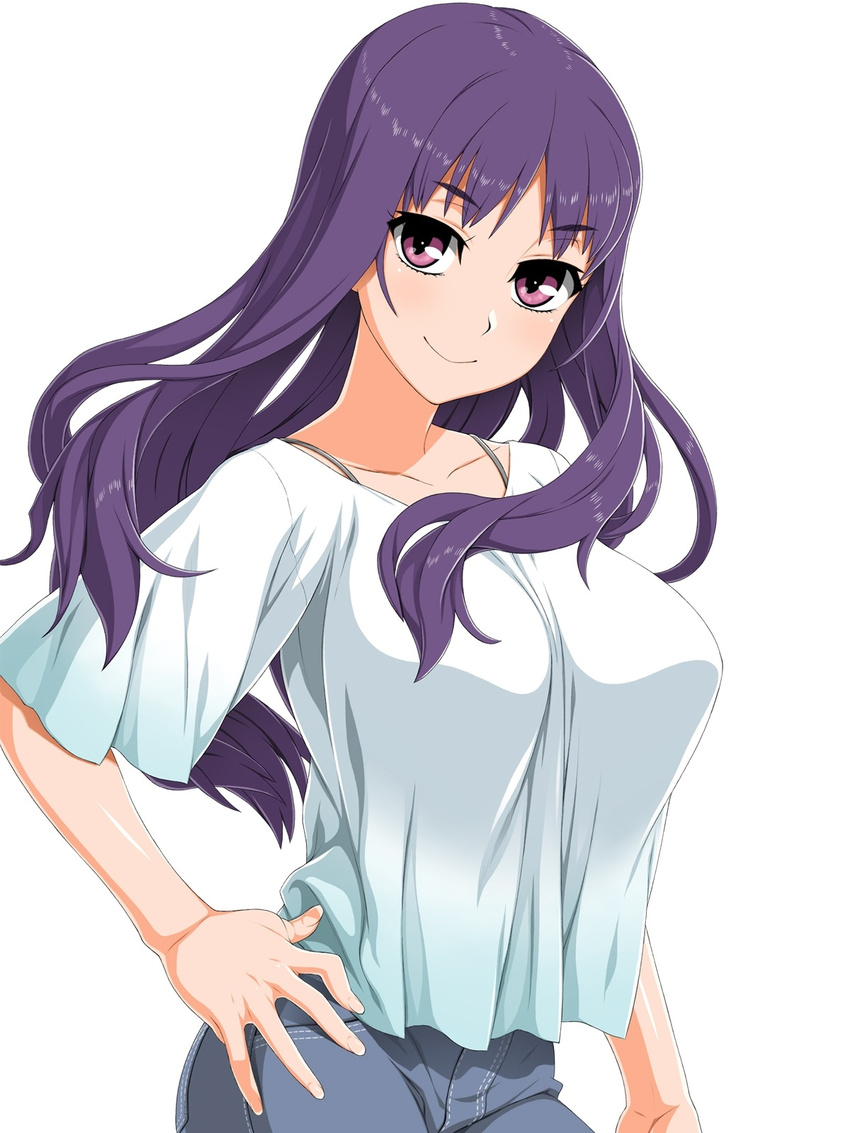 1girl blush breasts butakoma_300g casual collarbone denim female fingernails hand_on_hip hands highres jeans long_fingernails long_hair looking_at_viewer pants pink_eyes pose purple_hair shiny shiny_skin shirt simple_background smile solo standing uniform white_background white_shirt